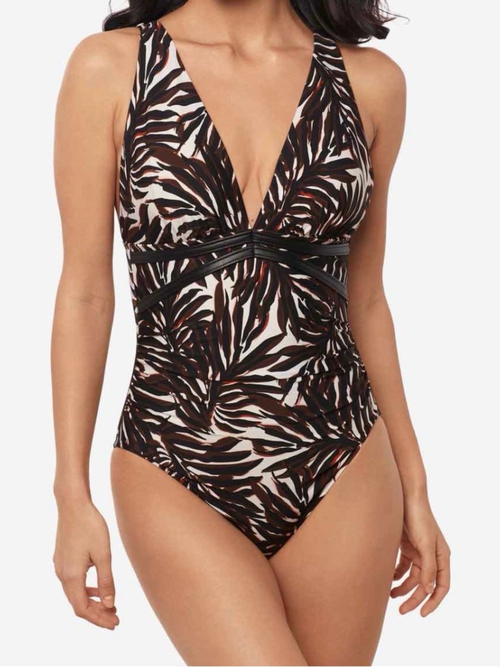 Miraclesuit Evangeline V-Neck One-Piece Swimsuit in Black & Brown Leaf Print